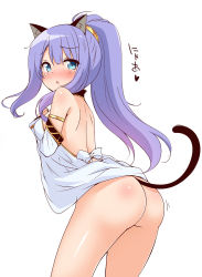 Rule 34 | 1girl, :o, animal ear fluff, animal ears, ass, backless dress, backless outfit, bare shoulders, blue eyes, blush, bow, breasts, cat ears, cat girl, cat tail, character request, detached sleeves, dress, hair between eyes, heart, high ponytail, highres, iris mysteria!, long hair, long sleeves, looking at viewer, looking back, medium breasts, nose blush, parted lips, ponytail, purple hair, simple background, sleeves past wrists, solo, tail, translation request, very long hair, white background, white bow, white dress, white sleeves, yuu (yumezakura)