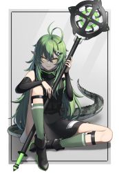 Rule 34 | 1girl, antenna hair, arknights, commentary request, crocodilian tail, detached sleeves, full body, gavial (arknights), green hair, green legwear, hair between eyes, hair ornament, highres, kawara pigeon, long hair, long sleeves, looking at viewer, pointy ears, pouch, sitting, solo, staff, tail, yellow eyes