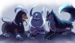 Rule 34 | absol, animal, animal focus, claws, colored sclera, creatures (company), dog, ebisaki, game freak, gen 2 pokemon, gen 3 pokemon, glowing, grin, horns, houndoom, looking at viewer, lying, mightyena, nintendo, pokemon, pokemon (creature), red eyes, single horn, smile, twitter username, white hair, yellow sclera