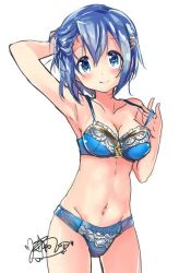 Rule 34 | 10s, 1girl, armpits, blue bow, blue bra, blue eyes, blue hair, blue panties, blush, bow, bra, breasts, cleavage, collarbone, cowboy shot, frilled bra, frills, gleision adain, groin, hair between eyes, hair ornament, hairclip, hand in own hair, lace, lace-trimmed bra, lace-trimmed panties, lace trim, looking at viewer, mahou shoujo madoka magica, mahou shoujo madoka magica (anime), matching hair/eyes, medium breasts, miki sayaka, navel, panties, short hair, signature, simple background, smile, solo, stomach, strap lift, thighs, underwear, underwear only, white background