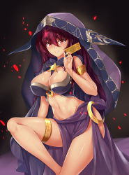 Rule 34 | 1girl, absurdres, alternate costume, armlet, bare shoulders, breasts, card, cowboy shot, fate/grand order, fate (series), highres, large breasts, long hair, looking at viewer, navel, parted lips, pelvic curtain, purple hair, red eyes, scathach (fate), smile, solo, stomach, thighlet, veil, youl