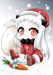 Rule 34 | 10s, 1girl, abyssal ship, alternate costume, between legs, blush, boots, bow, carrot, commentary request, contemporary, covered mouth, hand between legs, hat, horns, kantai collection, long hair, looking at viewer, mittens, northern ocean princess, pale skin, red eyes, red footwear, ribbon, sack, santa boots, santa costume, santa hat, sitting, snow, snowing, solo, white hair, white mittens, yamato nadeshiko