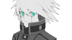 Rule 34 | 1boy, armor, close-up, closed mouth, commentary request, danganronpa (series), danganronpa v3: killing harmony, ewa (seraphhuiyu), expressionless, green eyes, hair between eyes, highres, k1-b0, looking at viewer, male focus, medium hair, monochrome, portrait, solo, spiked hair, spot color, upper body, white background