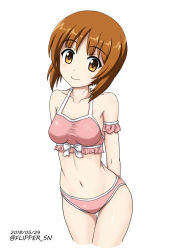 Rule 34 | 10s, 1girl, armlet, arms behind back, bikini, bow, bow bikini, breasts, brown eyes, brown hair, closed mouth, collarbone, commentary, cowboy shot, dated, flipper, frilled bikini, frills, girls und panzer, head tilt, leaning forward, looking at viewer, medium breasts, navel, nishizumi miho, one-hour drawing challenge, pink bikini, short hair, simple background, smile, solo, standing, swimsuit, thigh gap, twitter username, white background