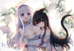 Rule 34 | 2girls, :o, animal ear fluff, animal ears, bare shoulders, black choker, black hair, breasts, cat ears, cat girl, cat tail, choker, cleavage, commentary request, detached sleeves, dress, flat chest, flower, grey background, hair between eyes, hairband, halo, heart, heart choker, highres, large breasts, long hair, long sleeves, looking at viewer, multiple girls, open mouth, original, parted lips, purple eyes, purple hairband, red eyes, silver hair, sleeveless, sleeveless dress, sleeves past wrists, tail, tail raised, teeth, upper teeth only, very long hair, virtual youtuber, white dress, white flower, white sleeves, wide sleeves, xing, xingye (xing)