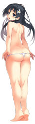 Rule 34 | 1girl, absurdres, ass, back, bare legs, barefoot, black hair, blue eyes, blush, butt crack, commentary request, flower, from behind, fundoshi, hair flower, hair ornament, highres, japanese clothes, kawakami masaki, long hair, looking back, open mouth, saten ruiko, simple background, solo, toaru kagaku no railgun, toaru majutsu no index, topless, underwear, underwear only, white background