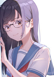 Rule 34 | 1girl, black hair, blue sailor collar, brown eyes, chinese commentary, closed mouth, commentary request, glasses, highres, looking at viewer, neckerchief, original, red neckerchief, sailor collar, school uniform, short hair, short sleeves, simple background, smile, solo, upper body, white background, yidie
