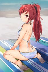 Rule 34 | 1girl, :&lt;, ass, bare legs, beach, bikini, blue bikini, breasts, chigusa asuha, commentary request, feet, hair ornament, hairclip, halterneck, long hair, looking at viewer, looking back, outdoors, ponytail, qualidea code, red eyes, red hair, sekiya asami, single sidelock, sitting, small breasts, soles, solo, swimsuit, wariza