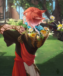 Rule 34 | 1boy, animal ears, black robe, blurry, blurry background, braid, cat ears, cowboy shot, crystal, crystal exarch, crystallization, daisy, day, expressionless, facial mark, final fantasy, final fantasy xiv, flower, from behind, g&#039;raha tia, gradient hair, holding, holding flower, hood, hood basket, hood down, hooded robe, looking at viewer, looking back, low ponytail, male focus, material growth, miqo&#039;te, multicolored hair, out of frame, outdoors, red eyes, red hair, robe, short hair, short ponytail, single braid, solo focus, standing, thedaw0, tree, two-tone hair, white flower, white hair, wide sleeves