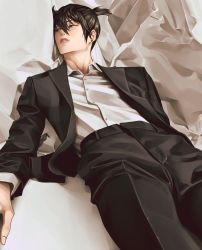 Rule 34 | 1boy, black hair, black pants, blue eyes, chainsaw man, collared shirt, ear piercing, formal, hair between eyes, hayakawa aki, highres, lips, looking to the side, lying, male focus, on back, pants, piercing, shirt, short hair, simple background, snowberryaki, solo, suit, topknot, white background