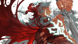Rule 34 | 1boy, :|, armor, balmung (fate/apocrypha), blood, blood in hair, blood on arm, blood on face, blood on hands, closed mouth, commentary request, dark-skinned male, dark skin, dragon boy, dragon horns, dragon wings, expressionless, fate/grand order, fate (series), fuli dun, green eyes, highres, holding, holding sword, holding weapon, horns, long hair, looking at viewer, male focus, platinum blonde hair, scar, serious, siegfried (fate), simple background, solo, sword, tattoo, topless male, upper body, weapon, white background, white hair, wings