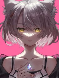 Rule 34 | animal ears, camisole, cat ears, cat girl, chest jewel, gem, hand on own chest, highres, jacket, kyosuke1413koba, mio (xenoblade), short hair, shoulder strap, tank top, white camisole, white jacket, white tank top, xenoblade chronicles (series), xenoblade chronicles 3, yellow eyes