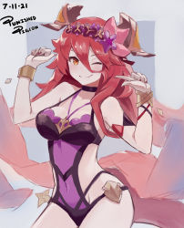 Rule 34 | 1girl, bare shoulders, black choker, bracelet, breasts, choker, closed mouth, covered navel, cowboy shot, dragalia lost, dragon tail, fang, hair between eyes, hands up, head wreath, highres, horns, jewelry, long hair, looking at viewer, medium breasts, mym (dragalia lost), nail polish, one-piece swimsuit, one eye closed, orange eyes, punished pigeon, purple one-piece swimsuit, red hair, sideless outfit, smile, solo, spaghetti strap, strap gap, swimsuit, tail