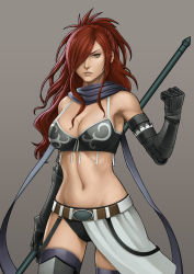 Rule 34 | 1girl, black gloves, bra, breasts, brown eyes, cleavage, clenched hand, erza knightwalker, erza scarlet, fairy tail, gauntlets, gloves, hair over one eye, highres, jchoy, large breasts, long hair, midriff, panties, red hair, scarf, simple background, skirt, solo, staff, thighhighs, underwear