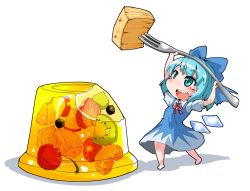 Rule 34 | 1girl, :d, barefoot, blue bow, blue dress, blue eyes, blue hair, bow, bowtie, cherry, cirno, dress, food, fork, fruit, full body, hair bow, ice, ice wings, kiwi (fruit), open mouth, pineapple, pineapple slice, pudding, puffy short sleeves, puffy sleeves, red bow, red bowtie, shadow, shinapuu, short sleeves, simple background, smile, solo, strawberry, touhou, white background, wings