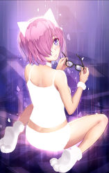 Rule 34 | 1girl, alternate costume, animal ears, ass, bare arms, bare legs, bare shoulders, black-framed eyewear, blush, camisole, cat ears, unworn eyewear, fake animal ears, fate/grand order, fate (series), from behind, full body, glasses, glowing, hair over one eye, holding, holding removed eyewear, lips, looking back, mash kyrielight, panties, parted lips, paw shoes, pink hair, purple eyes, resolution mismatch, shoes, short hair, sitting, smile, solo, source smaller, tonee, underwear, underwear only, wariza, white footwear, white neckwear, white panties