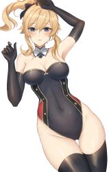 Rule 34 | 1girl, arm up, bare shoulders, black gloves, black leotard, black thighhighs, blonde hair, blue eyes, blush, breasts, cleavage, covered navel, cowboy shot, detached collar, dutch angle, elbow gloves, genshin impact, gloves, groin, hair between eyes, hair ribbon, hand on own head, hand up, highleg, highleg leotard, highres, jean (genshin impact), large breasts, leotard, looking at viewer, multicolored leotard, nontraditional playboy bunny, nyome991, ponytail, ribbon, simple background, solo, strapless, strapless leotard, thighhighs, thighs, white background