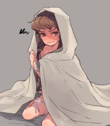 Rule 34 | 1girl, blush, brown eyes, brown hair, closed mouth, collarbone, embarrassed, grey background, isuzu (log horizon), log horizon, long hair, looking at viewer, mo (deciliter), simple background, solo, sweatdrop, thigh strap, under covers, very long hair, wavy mouth