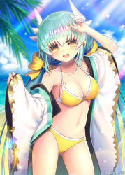 Rule 34 | 1girl, :d, bikini, blue sky, breasts, cloud, collarbone, commentary request, day, detached sleeves, fate/grand order, fate (series), green hair, hair ribbon, horns, kiyohime (fate), kiyohime (fate/grand order), kiyohime (swimsuit lancer) (fate), kiyohime (swimsuit lancer) (first ascension) (fate), long hair, looking at viewer, low twintails, medium breasts, minamo25, navel, ocean, open mouth, ribbon, sky, smile, solo, standing, swimsuit, twintails, twitter username, yellow bikini, yellow eyes, yellow ribbon