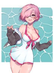 Rule 34 | 1girl, absurdres, bare shoulders, blush, breasts, cleavage, collarbone, fate/grand order, fate (series), glasses, grey jacket, hair over one eye, highres, jacket, large breasts, light purple hair, long sleeves, looking at viewer, mash kyrielight, mash kyrielight (swimsuit of perpetual summer), off shoulder, official alternate costume, one-piece swimsuit, open clothes, open jacket, open mouth, purple eyes, short hair, smile, solo, swimsuit, thighs, tsunami samemaru, white one-piece swimsuit