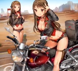 Rule 34 | 2girls, :o, :q, anmi, arch, arm up, bikini, bikini under clothes, black jacket, black shorts, blue sky, box, breasts, brown hair, building, buttons, choker, cleavage, cliff, closed mouth, collarbone, cropped jacket, day, desert, gun, hand on own chest, handgun, highres, holster, jacket, legs together, long hair, long sleeves, looking at viewer, medium breasts, motor vehicle, motorcycle, multiple girls, open fly, original, outdoors, parted lips, pistol, red bikini, red eyes, red shirt, sheath, sheathed, shiny skin, shirt, short shorts, shorts, side-tie bikini bottom, sitting, sky, standing, summer, swimsuit, thigh holster, thigh strap, thighs, tongue, tongue out, weapon