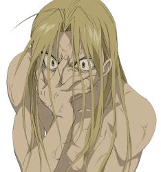 Rule 34 | 1boy, ahoge, bad id, bad pixiv id, blonde hair, brown eyes, father (fma), frown, fullmetal alchemist, hand on own face, highres, long hair, male focus, parody, shiro coffee (saiga), topless male, solo, style parody, veins, white background, wide-eyed, yellow eyes