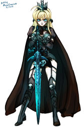 Rule 34 | 1girl, absurdres, black theme, blonde hair, blue eyes, boots, breasts, cape, cloak, commission, crossover, crown, cuts, damage, frostmourne, gloves, glowing, glowing eyes, highres, inda no himekishi jeanne, injury, jeanne grenoble, looking at viewer, mina cream, pale skin, resting, skulls, socks, thighs, undead, warcraft, world of warcraft