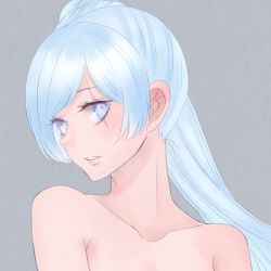 Rule 34 | 1girl, armpits, arms at sides, asymmetrical bangs, bare shoulders, blue eyes, unworn clothes, collarbone, completely nude, embarrassed, eye scar, eyelashes, female focus, flat chest, grey background, unworn headwear, highres, long hair, looking at viewer, neck, no bra, no headwear, nude, pale skin, parted lips, ponytail, riri (artist), rwby, scar, scar across eye, scar on face, shy, side bangs, side ponytail, simple background, skinny, solo, standing, topless, topless frame, tsundere, upper body, very long hair, weiss schnee, white hair