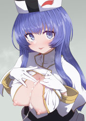 Rule 34 | 1girl, after paizuri, blue eyes, blue hair, blush, breasts, cleavage, cum, cum on body, cum on breasts, cum on upper body, gloves, hat, highres, kidou senkan nadesico, large breasts, long hair, long sleeves, misumaru yurika, nipples, solo, sumiyao (amam), tongue, tongue out