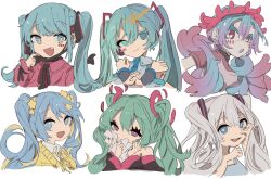 Rule 34 | 6+girls, annotated, aqua eyes, aqua hair, black mask, black ribbon, blonde hair, blue eyes, blue hair, cardigan, chimera (vocaloid), collared shirt, commentary, creator connection, envelope, extra arms, gradient hair, hair ornament, hair ribbon, hatsune miku, highres, liar dance (vocaloid), long hair, long sleeves, looking at viewer, mask, mask pull, mousou zei (vocaloid), mouth mask, multicolored hair, multiple girls, multiple persona, neck ribbon, nomi mushi, open mouth, pink eyes, pink hair, pink shirt, positive parade (vocaloid), ribbon, shirt, short hair, simple background, smile, songover, star (symbol), star hair ornament, stitches, streaked hair, twintails, upper body, vampire (vocaloid), very long hair, vocaloid, white background, white hair, white shirt, yellow cardigan, yellow ribbon, zombie (vocaloid)