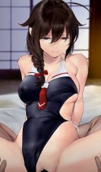 Rule 34 | 1boy, 1girl, ahoge, black hair, black one-piece swimsuit, blue eyes, blurry, blurry background, breasts, closed mouth, clothing aside, cowgirl position, hair flaps, half-closed eyes, hetero, highres, indoors, kantai collection, large breasts, necktie, one-piece swimsuit, out-of-frame censoring, red necktie, sex, shigure (kancolle), shigure kai ni (kancolle), short necktie, skindentation, straddling, swimsuit, swimsuit aside, unfinished, wa (genryusui)