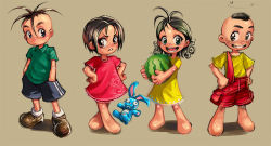 Rule 34 | 2boys, 2girls, :d, barefoot, black hair, brown background, cascao (turma da monica), cebolinha (turma da monica), closed mouth, commentary request, diogo saito, dress, eyelashes, food, frown, fruit, full body, furrowed brow, green eyes, grin, hands in pockets, hands on own hips, happy, holding, holding food, holding fruit, looking at viewer, magali (turma da monica), monica (turma da monica), multiple boys, multiple girls, open mouth, portuguese commentary, red dress, sansao (turma da monica), shoes, short hair, shorts, simple background, smile, stuffed animal, stuffed rabbit, stuffed toy, turma da monica, watermelon, yellow dress