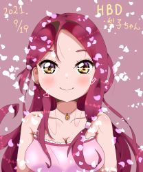 Rule 34 | 1girl, alternate hairstyle, artist name, artist request, bare shoulders, blush, breasts, brown eyes, cleavage, close-up, collarbone, dress, earrings, female focus, hair between eyes, hair ornament, hairclip, highres, jewelry, long hair, looking at viewer, love live!, love live! sunshine!!, medium breasts, necklace, parted lips, petals, petichun, pink dress, pink petals, red hair, sakurauchi riko, sleeveless, sleeveless dress, smile, solo, upper body, white petals, yellow eyes