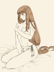 Rule 34 | 1girl, arc the lad, arc the lad ii, bed, blush, breasts, brown eyes, brown hair, cleavage, collarbone, commentary request, covering privates, covering breasts, full body, large breasts, lieza (arc the lad), long hair, low-tied long hair, marusa (marugorikun), sitting, solo, very long hair