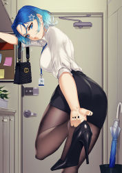 Rule 34 | 1girl, ass, bag, black footwear, black nails, black pantyhose, black skirt, blue eyes, blue hair, blueorca, breasts, collared shirt, commentary, door, from behind, gradient hair, handbag, hat ornament, high heels, holding, holding bag, indoors, lanyard, large breasts, looking back, multicolored hair, nail polish, office lady, original, pantyhose, parted lips, pencil skirt, plant, shiny clothes, shirt, shirt tucked in, short sleeves, skirt, solo, standing, standing on one leg, star (symbol), star hat ornament, sticky note, umbrella, white shirt
