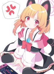 Rule 34 | 1girl, anger vein, animal ear headphones, animal ears, arm support, black thighhighs, blonde hair, blue archive, blue necktie, blush, bow, cat ear headphones, commentary, dress, fake animal ears, fake tail, feet out of frame, game over, gradient hair, hair bow, halo, headphones, highres, hood, hooded jacket, jacket, memoi, momoi (blue archive), multicolored hair, necktie, nintendo switch, orange hair, pink bow, pink eyes, pout, short hair, short hair with long locks, simple background, sitting, solo, speech bubble, spoken anger vein, tail, thighhighs, wariza, white background, white dress