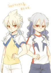Rule 34 | 2boys, alternate costume, alternate hair color, alternate hairstyle, child, dual persona, hakuryuu (inazuma eleven), hand on own hip, hip focus, inazuma eleven, inazuma eleven (series), inazuma eleven go, long hair, male focus, multiple boys, red eyes, soccer uniform, sportswear, standing, tobi (one), translation request, unlimited shining