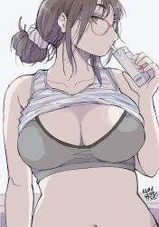 Rule 34 | 1girl, absurdres, arm at side, breasts, brown eyes, brown hair, cleavage, dated, drink, drinking, drinking straw, glasses, hadashi no kenji, hair ornament, hair scrunchie, highres, holding, holding drink, juice box, large breasts, midriff, navel, original, scrunchie, shirt rolled up, solo, sports bra, upper body, white background, white scrunchie