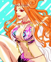 Rule 34 | 1girl, artist request, boa marigold, breasts, cape, center opening, cleavage, highres, long hair, one piece, orange hair, red eyes, solo