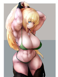 Rule 34 | 1girl, abs, armpits, bikini, blonde hair, blue eyes, breasts, cleavage, clothes pull, dragunov (metal slug), female focus, fingerless gloves, gloves, green bikini, highres, large breasts, long hair, metal slug, metal slug attack, muscular, muscular female, navel, poini (king-scarlet-dead), ponytail, scar, solo, stomach, swimsuit, thong