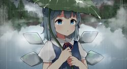 Rule 34 | 1girl, :o, arms up, bad id, bad pixiv id, blue dress, blue eyes, blue hair, blush, bow, cirno, commentary request, day, dress, expressionless, fog, glint, hair bow, holding, holding leaf, lake, leaf, leaf umbrella, looking away, misty lake, outdoors, parted bangs, pinafore dress, poco (zdrq3), puffy short sleeves, puffy sleeves, rain, red ribbon, reflection, ribbon, shirt, short hair, short sleeves, sleeveless, sleeveless dress, solo, standing, touhou, tree, upper body, water drop, white shirt, wings