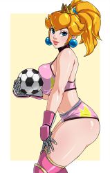 Rule 34 | 1girl, absurdres, ass, ball, blonde hair, blue eyes, breast press, breasts, female focus, from side, hand on leg, hand on own leg, hand on own thigh, hand on thigh, highres, kyoffie, large breasts, legs, lipstick, long hair, looking at viewer, makeup, mario (series), mario strikers charged, midriff, nintendo, parted lips, ponytail, princess, princess peach, shorts, sideboob, smile, soccer ball, solo, sports bra, thick thighs, thighs, toned