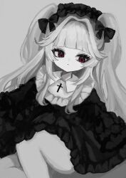 Rule 34 | 1girl, blunt bangs, bow, closed mouth, cross, dress, film grain, frilled dress, frilled hairband, frills, gothic lolita, grey background, greyscale, hair bow, hair intakes, hairband, highres, latin cross, legs, lolita fashion, lolita hairband, long hair, looking at viewer, monochrome, original, red eyes, shiona (siona0625), sidelocks, simple background, sitting, solo, spot color, two side up