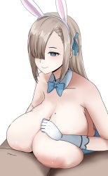 Rule 34 | 1boy, 1girl, animal ears, asuna (blue archive), blue archive, blue eyes, breasts, breasts out, brown hair, fake animal ears, gloves, hair over one eye, hair ribbon, hetero, highres, huge breasts, inverted nipples, long hair, looking at another, lying, mole, mole on breast, nao (ritsancrossover), nipples, on back, paizuri, ribbon, white background, white gloves