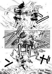 Rule 34 | !, !!, 10s, 3girls, abyssal ship, angry, aoba (kancolle), blocking, clenched teeth, comic, destroyer princess, elbow gloves, fake horns, firing, flying kick, gloves, greyscale, horned headwear, horns, kantai collection, kicking, long hair, maikaze (kancolle), midriff, monochrome, multiple girls, ocean, pleated skirt, ponytail, rigging, school uniform, serafuku, shimakaze (kancolle), shirt, shirt grab, shoes, short hair, short sleeves, side ponytail, skirt, sleeveless, sleeveless shirt, standing, standing on liquid, striped clothes, striped legwear, striped thighhighs, surprised, teeth, thighhighs, translation request, turret, vest, wristband, zepher (makegumi club)