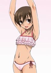 Rule 34 | 00s, 1girl, armpits, arms up, artist request, bikini, brown eyes, brown hair, frills, fujioka haruhi, looking at viewer, open mouth, ouran high school host club, short hair, simple background, smile, solo, swimsuit, tankini