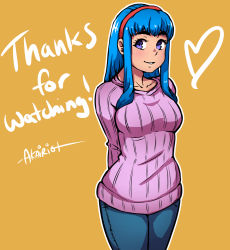 Rule 34 | 1girl, akairiot, arms behind back, artist name, bad id, bad tumblr id, blue hair, breasts, cowboy shot, denim, female focus, grin, hairband, heart, jeans, long hair, mascot, orange background, original, pants, purple eyes, ribbed sweater, sidelocks, simple background, smile, solo, sue etta, sweater, thank you, wide hips