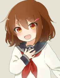 Rule 34 | &gt;:d, 10s, 1girl, :d, brown hair, fang, grey background, hair ornament, hairclip, hand on own chest, highres, ikazuchi (kancolle), kantai collection, looking at viewer, neckerchief, open mouth, red neckerchief, sailor collar, school uniform, serafuku, shioya thor, short hair, simple background, smile, solo, v-shaped eyebrows