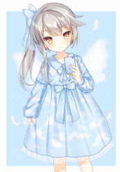 Rule 34 | 1girl, :&lt;, blue background, blue bow, blue dress, blush, bow, cellphone, closed mouth, commentary request, dress, fingernails, grey hair, hair between eyes, hair bow, head tilt, high ponytail, holding, holding phone, long hair, long sleeves, looking at viewer, ning hai (warship girls r), phone, pleated dress, puffy long sleeves, puffy sleeves, see-through, side ponytail, sleeves past wrists, solo, tengxiang lingnai, two-tone background, v-shaped eyebrows, warship girls r, white background, yellow eyes