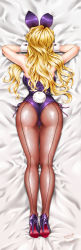 Rule 34 | 1girl, animal ears, ass, back-seamed legwear, bare shoulders, bed sheet, blonde hair, commentary request, commission, fake animal ears, fishnet pantyhose, fishnets, from behind, full body, hair ornament, high heels, highleg, highleg leotard, highres, leotard, long sleeves, lying, maguta, on stomach, original, pantyhose, pixiv commission, playboy bunny, pumps, purple footwear, purple leotard, rabbit ears, rabbit tail, seamed legwear, shiny clothes, shiny skin, shoes, signature, stiletto heels, strapless, strapless leotard, tail, wrist cuffs, zipper